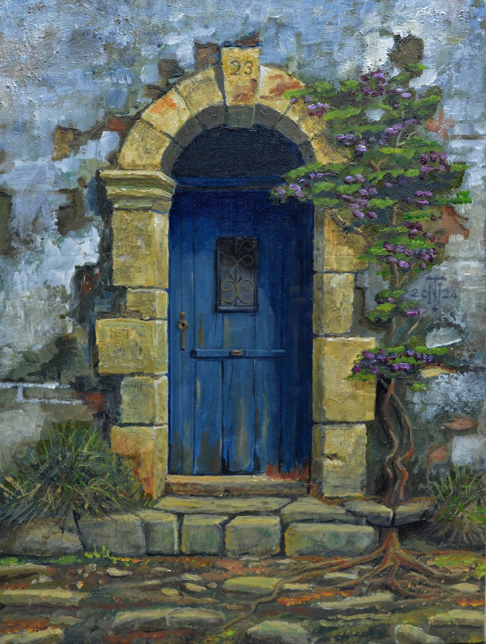 Porta Azul, Paxos, Grécia, 2024 (óleo sobre tábua) de Trevor Neal