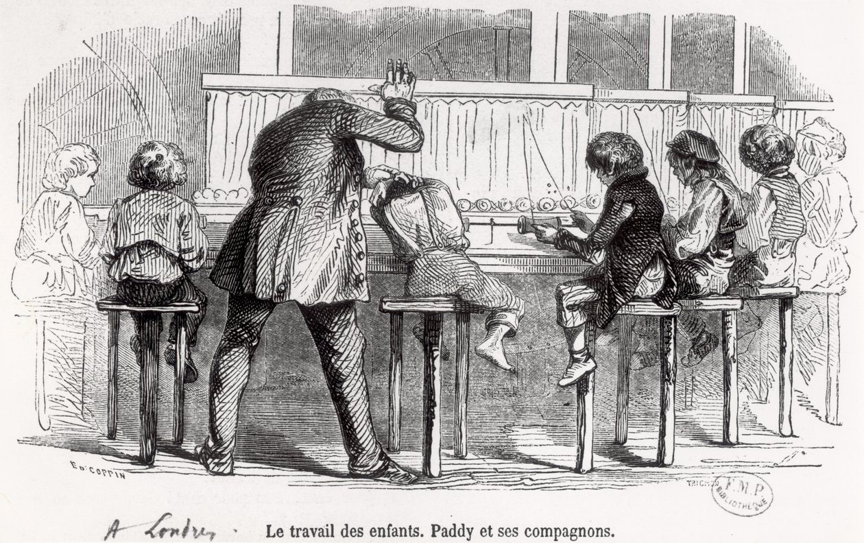 Crianças trabalhando em bobinas em Londres, Paddy e seus companheiros, de &39;Le Musée des Familles&39;, 1848 de Trichon