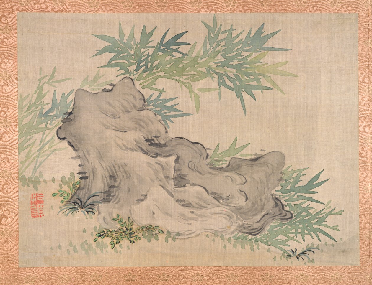 Bambu e Rochas, 1851 (aguarela em seda) de Tsubaki Chinzan