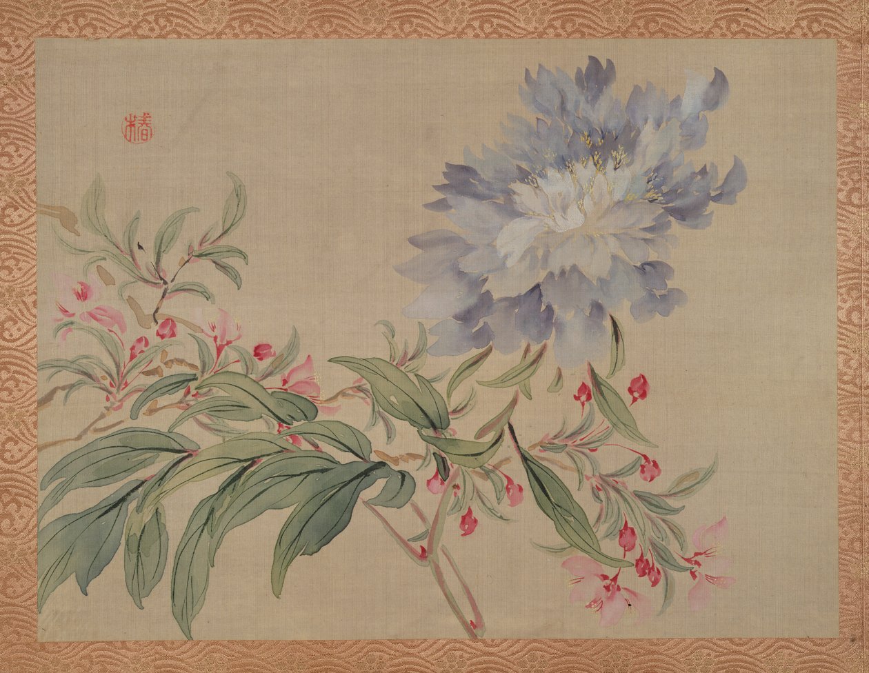 Flor e uma flor, 1851 (aquarela em seda) de Tsubaki Chinzan