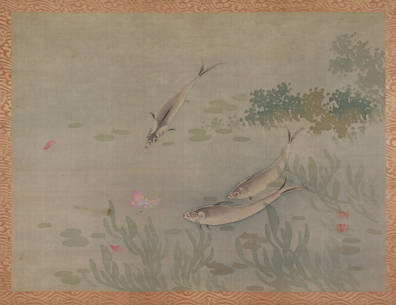 Peixe, 1851 (aquarela em seda) de Tsubaki Chinzan