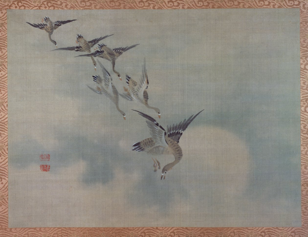Patos Voando, 1851 (aguarela em seda) de Tsubaki Chinzan