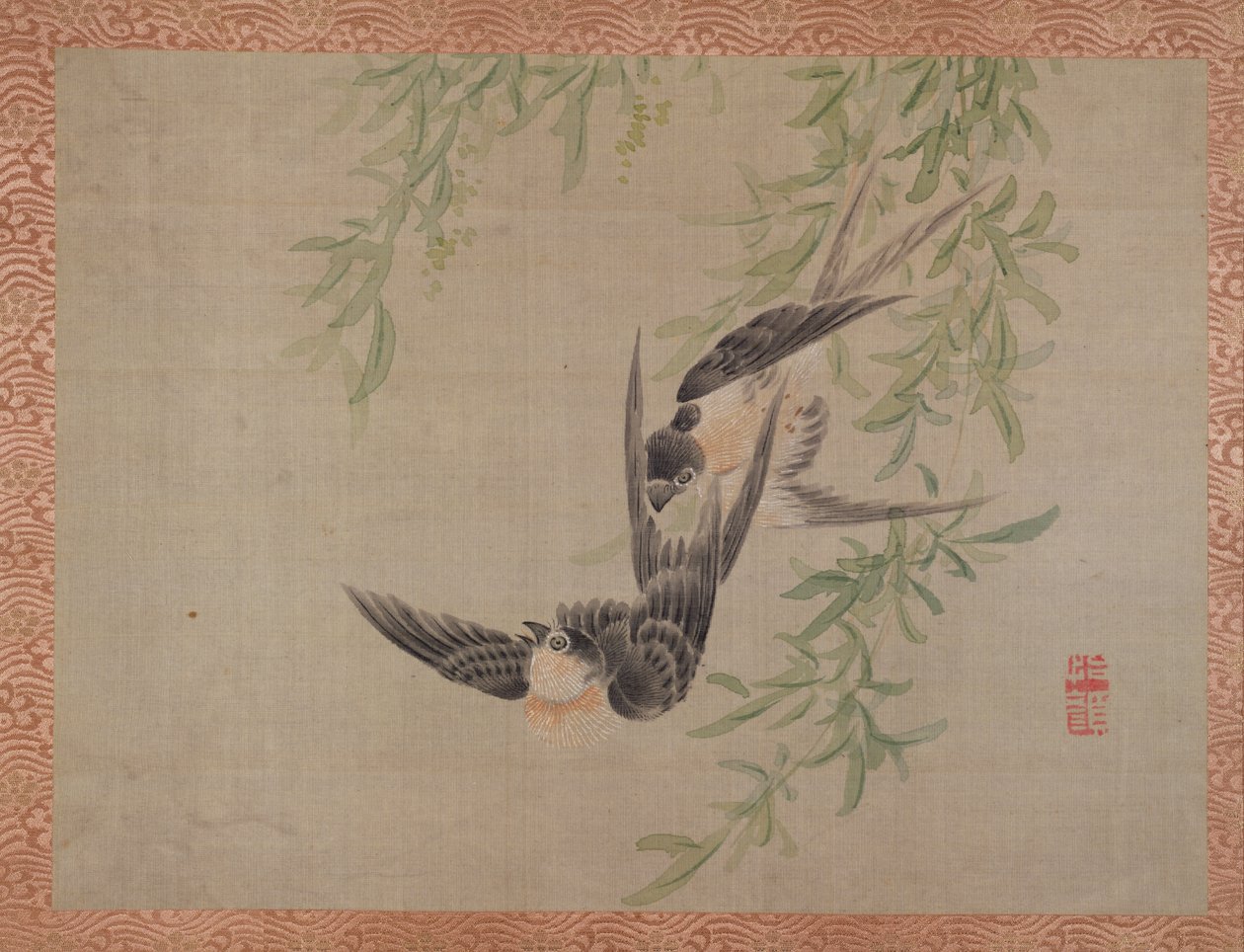 Andorinhas em vôo, 1851 (aquarela em seda) de Tsubaki Chinzan