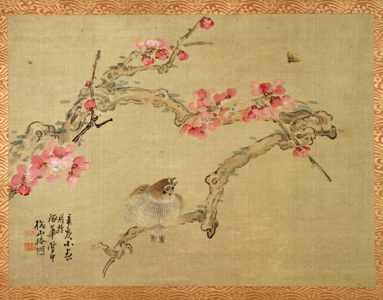 Flor de árvore e pássaro, 1851 (aquarela em seda) de Tsubaki Chinzan