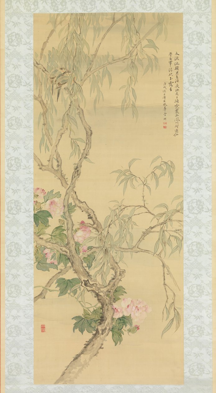 Pequenos pássaros em um galho de salgueiro e flores de hibisco, datado de outono de 1850. de Tsubaki Chinzan
