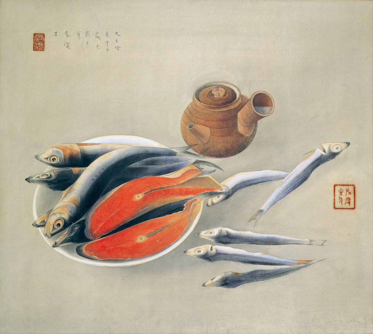 Ainda vida. Fatias de salmão e sardinhas, 1924 de Tsuchida Bakusen