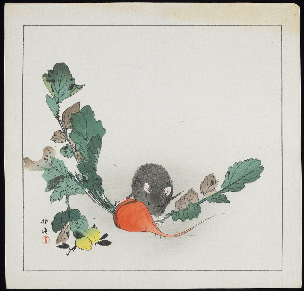 Rato e Cenoura (impressão em xilogravura a cores) de Tsukioka Kogyo
