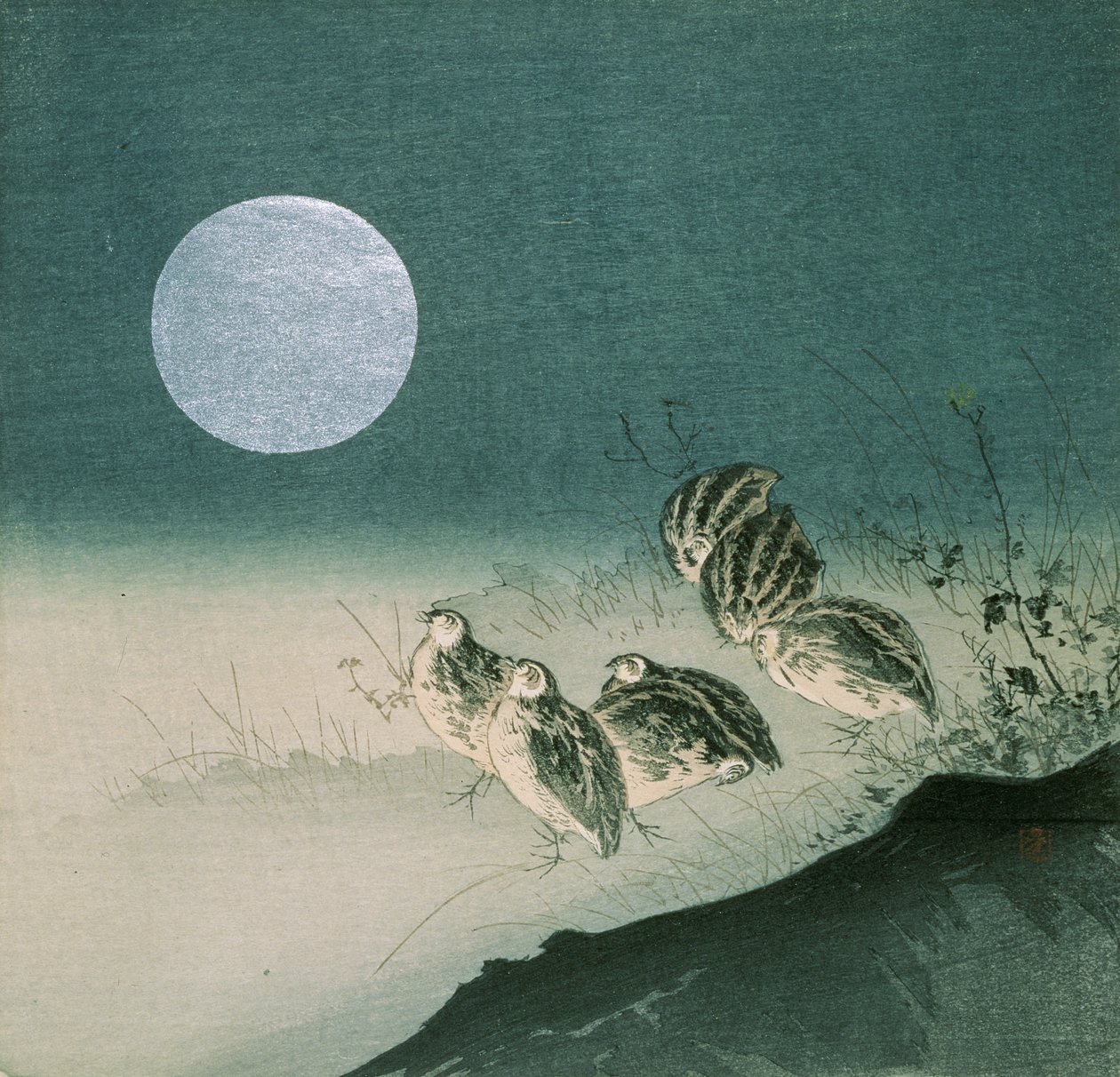 Codornizes e Lua Cheia, por volta de 1900 (impressão em xilogravura a cores) de Tsukioka Kogyo