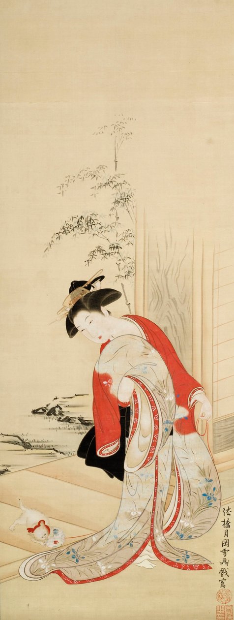 Linda mulher brincando com gato de Tsukioka Masanobu Settei