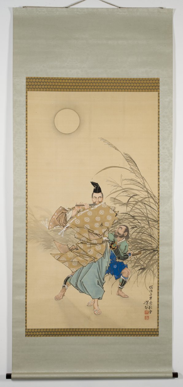 Fujiwara no Yasumasa Tocando Flauta ao Luar, final do outono de 1882 (tinta, cor, laca, prata e ouro em seda) de Tsukioka Yoshitoshi