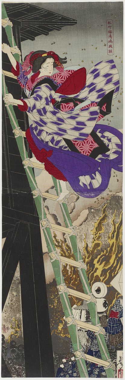 Pinho, Bambu e Ameixa: a pintura emoldurada em Yushima, 1885 (díptico impresso em xilogravura a cores) de Tsukioka Yoshitoshi