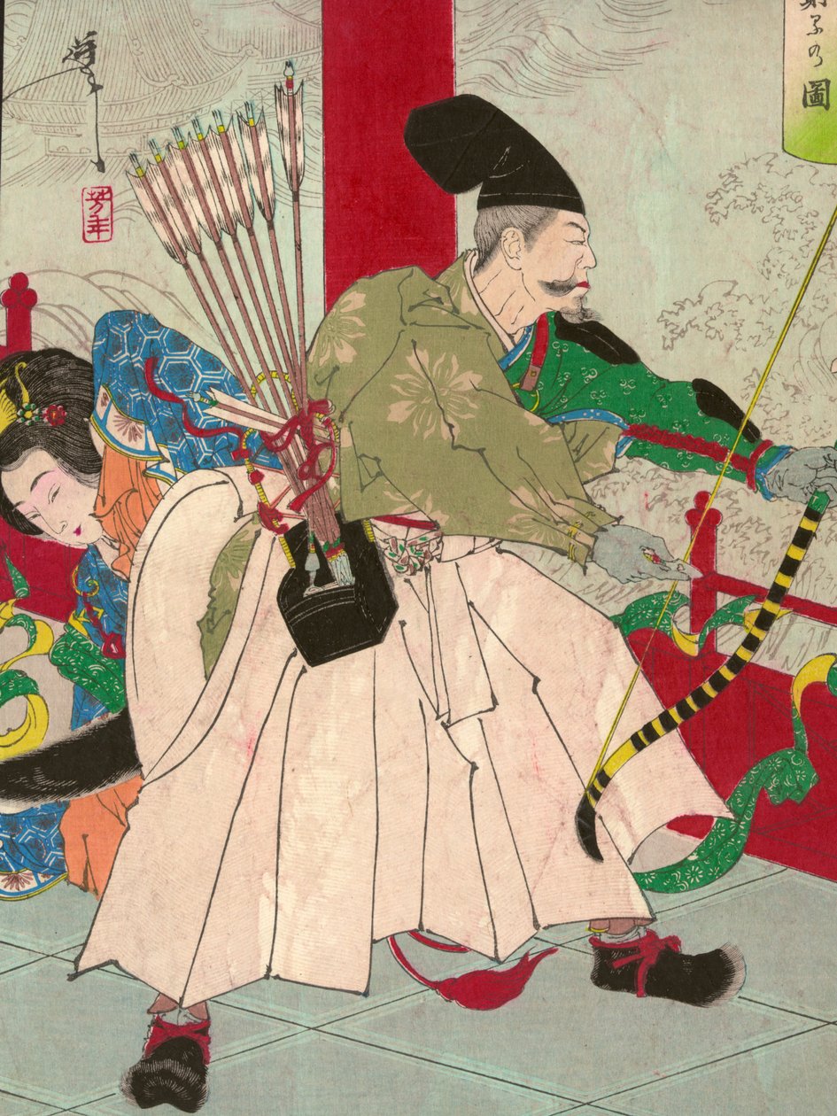 Watanabe no Tsuna, com arco e flechas, no Palácio do demônio Ibaraki, pub. c.1880 (xilogravura colorida à mão) de Tsukioka Yoshitoshi