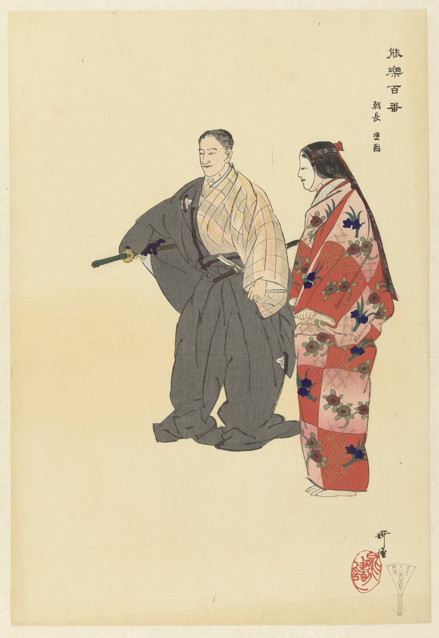 Actores da peça de teatro Noh Tomonaga
Tomonaga (título sobre o objecto)
Hundred Noh plays (título da série)
Nogaku hyakuban (título da série sobre o objecto) de Tsukioka Kogyo