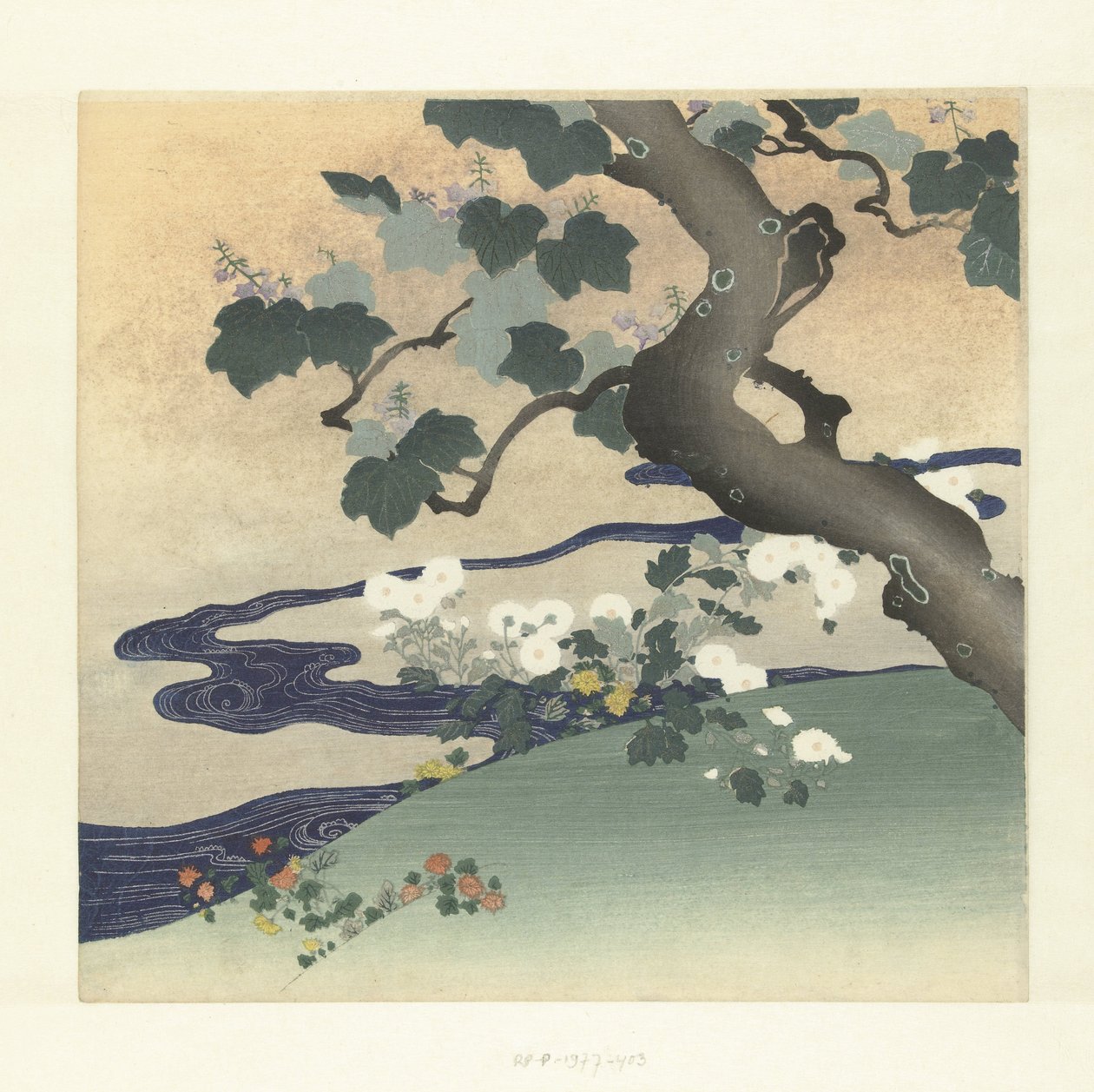 Árvore e crisântemos de Tsukioka Kogyo