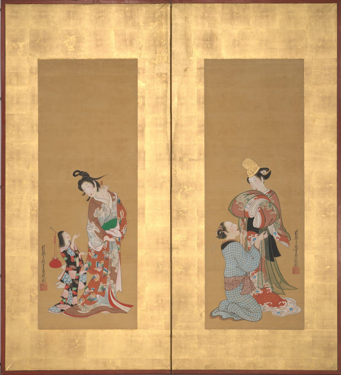 Shirabyoshi Dancer and Female Servant, Courtesan and Girl Attendant , meados do século XVIII. de Tsukioka Masanobu