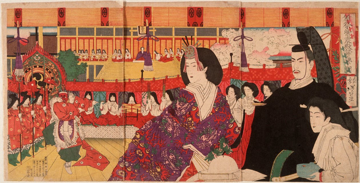 Uma representação de bugaku no Palácio Imperial durante a Festa das Bonecas de Tsukioka Yoshitoshi