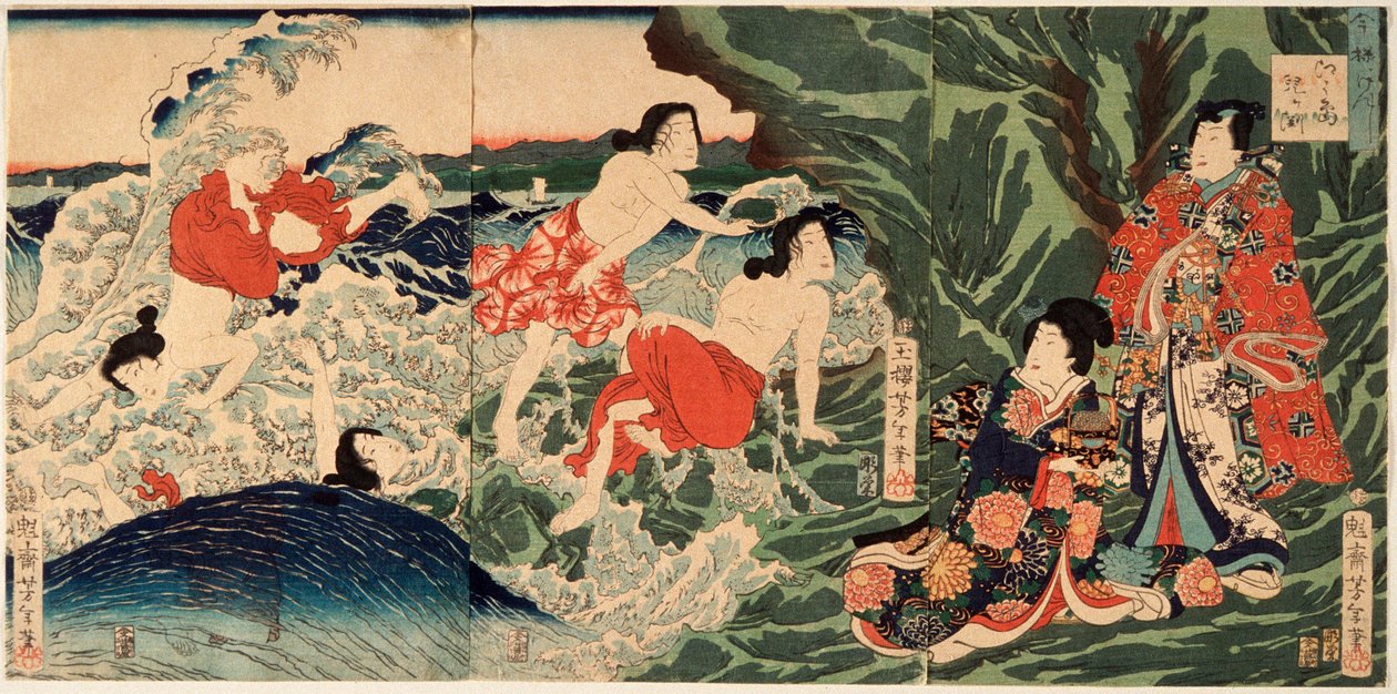 Um moderno príncipe Genji em Chigogafuchi, Enoshima de Tsukioka Yoshitoshi
