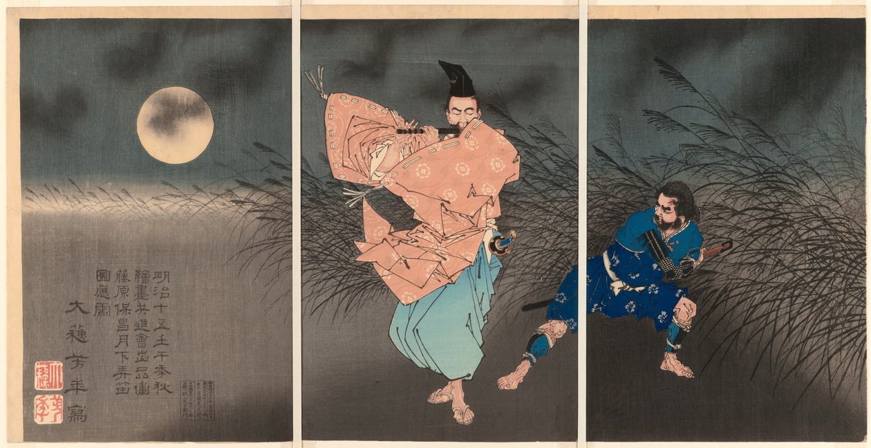 Fujiwara no Yasumasa tocando sua flauta ao luar de Tsukioka Yoshitoshi