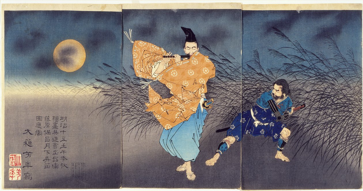 Fujiwara no Yasumasa a tocar flauta ao luar de Tsukioka Yoshitoshi
