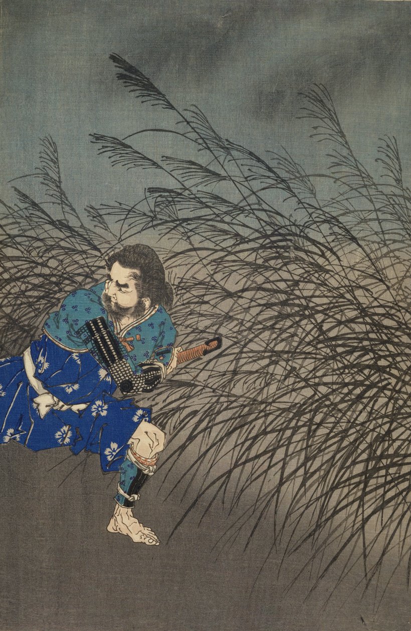 Fujiwara no Yasumasa a tocar flauta ao luar de Tsukioka Yoshitoshi