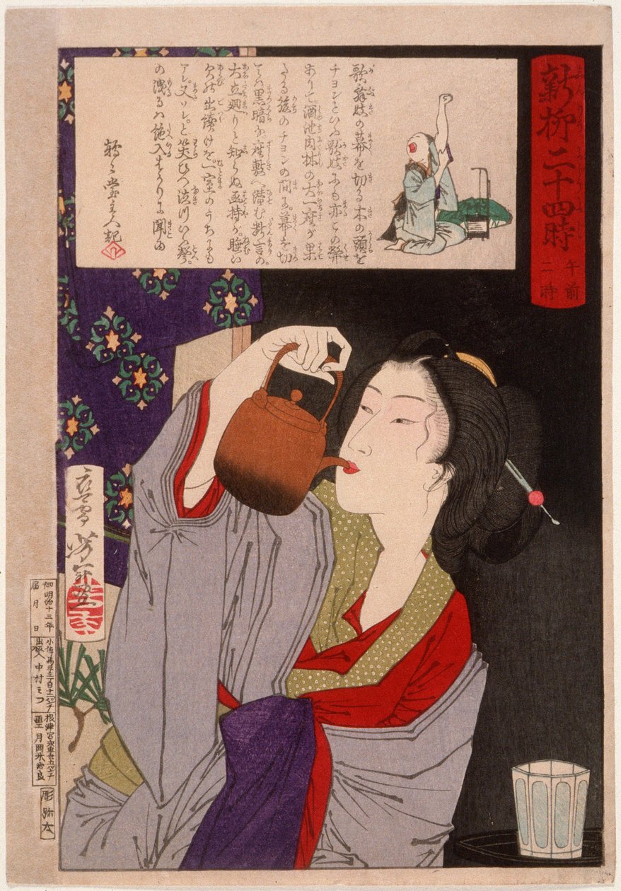 Geisha a beber de uma chaleira de saqué às 2:00 da manhã de Tsukioka Yoshitoshi