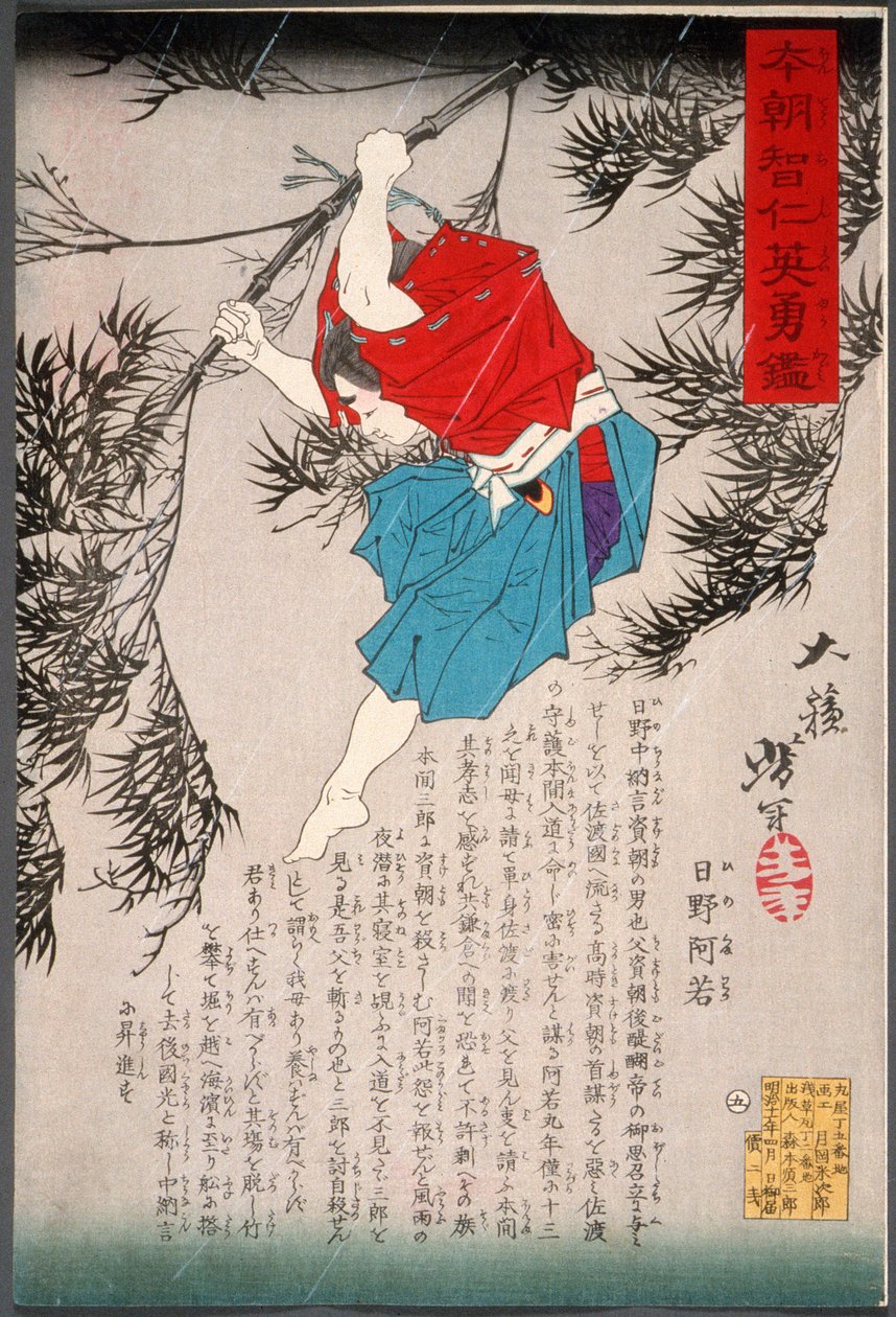 Hino Kumawaka a saltar do bambu de Tsukioka Yoshitoshi