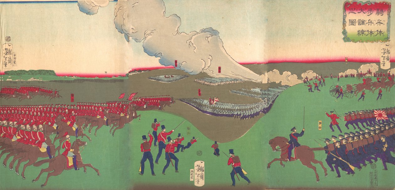 Ilustração da Cavalaria, Infantaria e Soldados Recuando Kiheitai, hoheitai, ..., 8º mês, 1867. de Tsukioka Yoshitoshi
