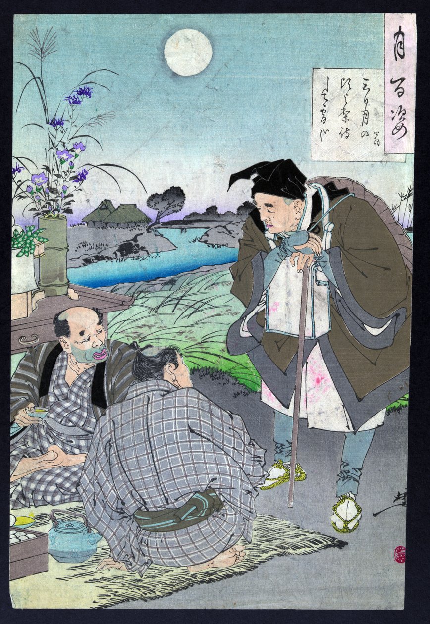 O poeta japonês Basho Matsuo a falar com dois homens de Tsukioka Yoshitoshi
