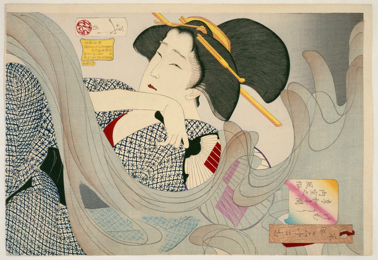 Uma Dona de Casa da Era Kyowa Kemuso Kyowa nenkan naishitsu no fuzoku, 1880 (impressão em xilogravura) de Tsukioka Yoshitoshi