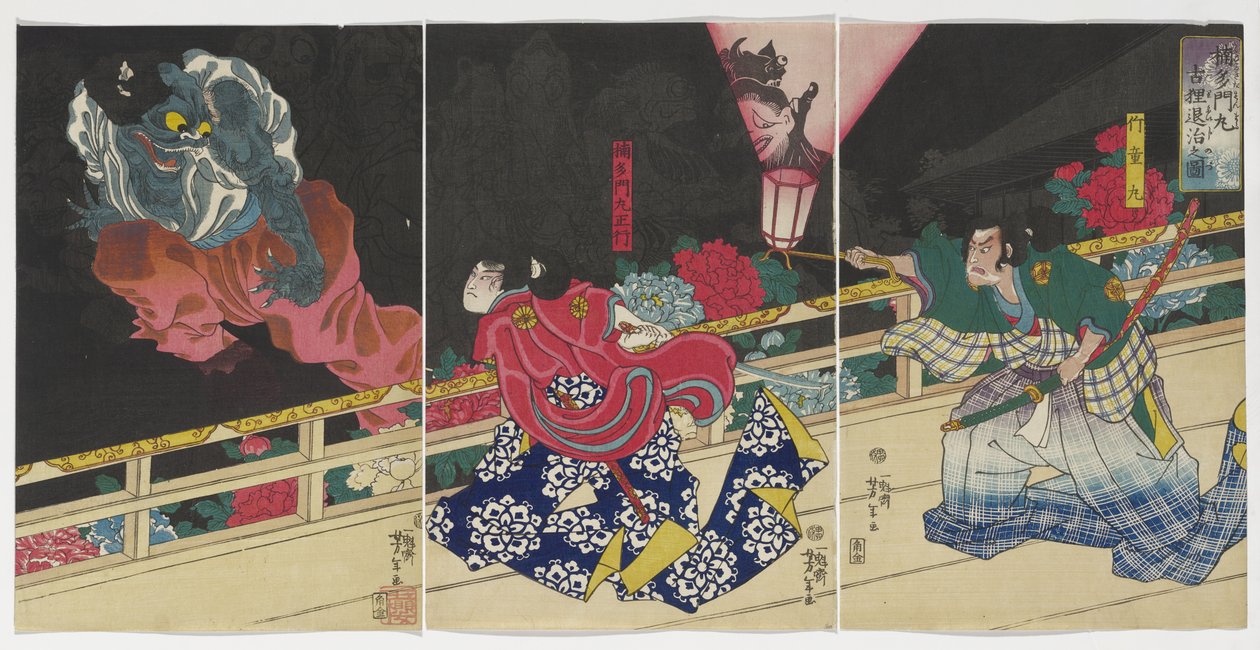 Imagem de Kusunoki Tamonmaru conquistando o velho texugo, 1860 de Tsukioka Yoshitoshi