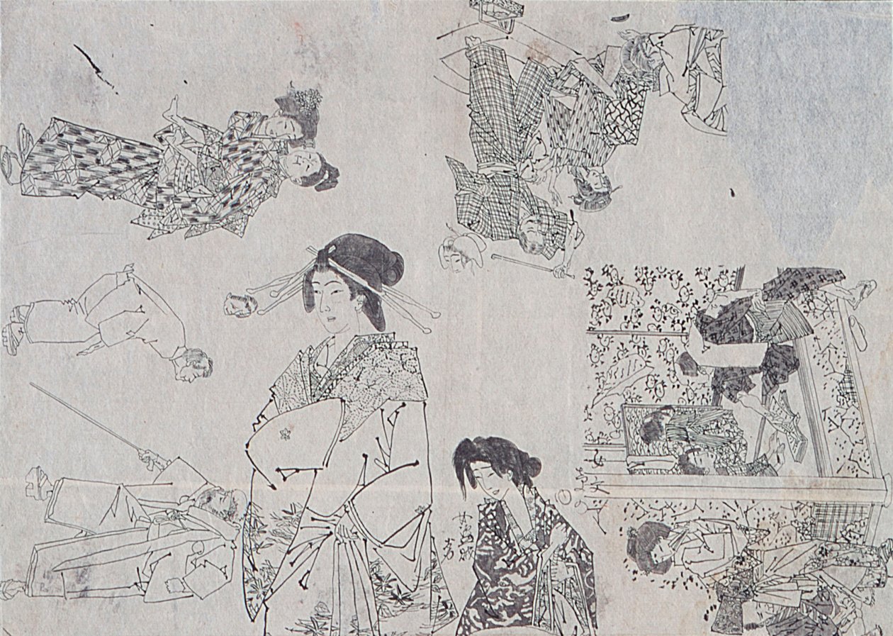 Desenhos preparatórios para ilustrações de melodramas de Tsukioka Yoshitoshi