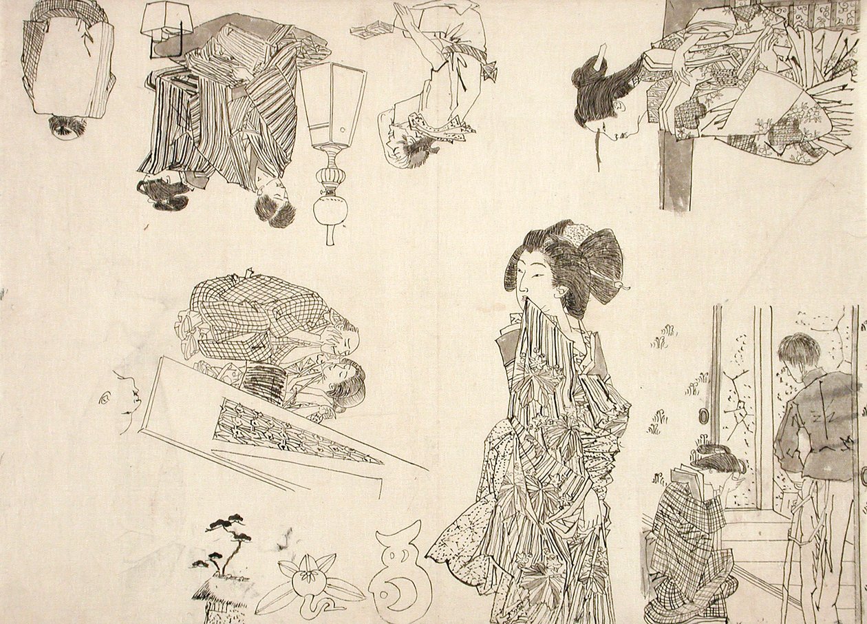 Desenhos preparatórios para ilustrações de melodramas de Tsukioka Yoshitoshi