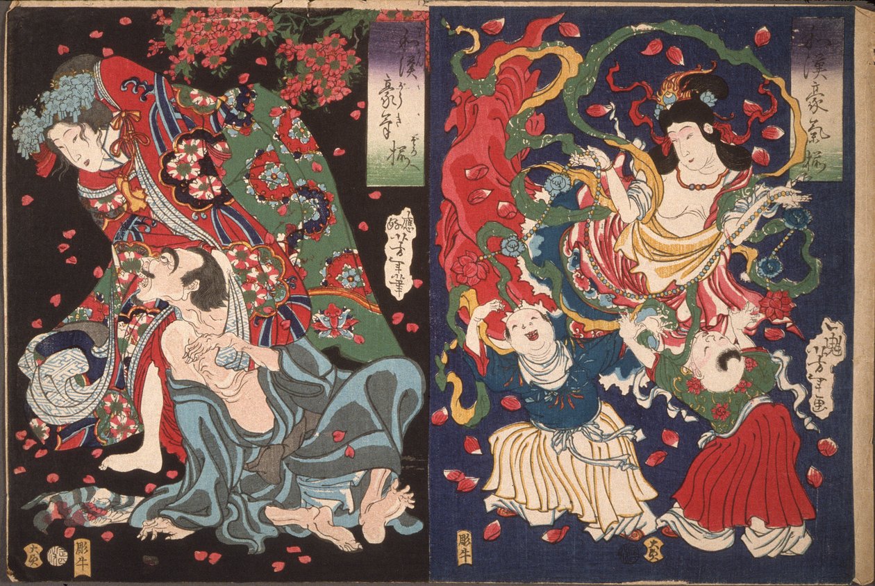 Seigen e Sakurahime; anjo com duas crianças de Tsukioka Yoshitoshi