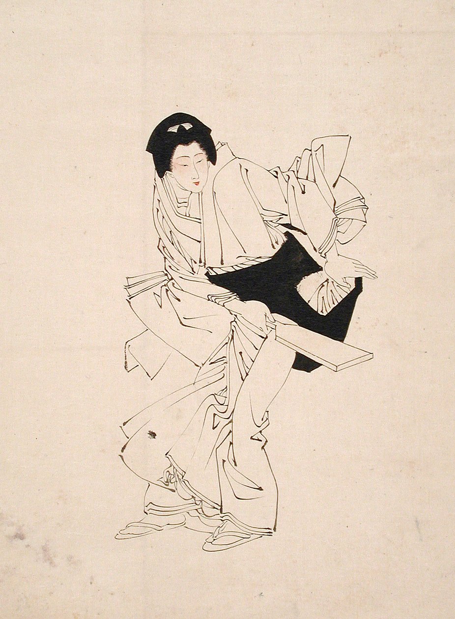 Esboço de uma mulher com uma raqueta de volante de Tsukioka Yoshitoshi
