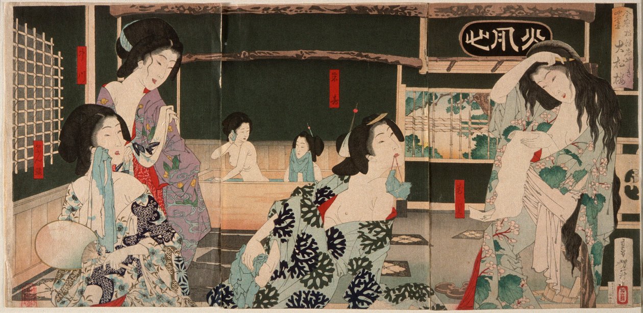 Verão: mulheres a banhar-se no Daishōrō de Tsukioka Yoshitoshi