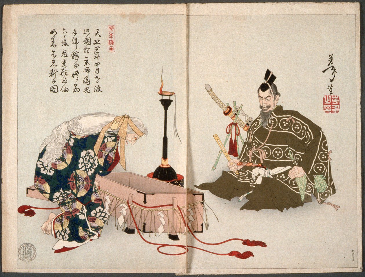O demónio de Rashōmon visita Watanabe no Tsuna disfarçado de velha para recuperar o seu braço decepado de Tsukioka Yoshitoshi