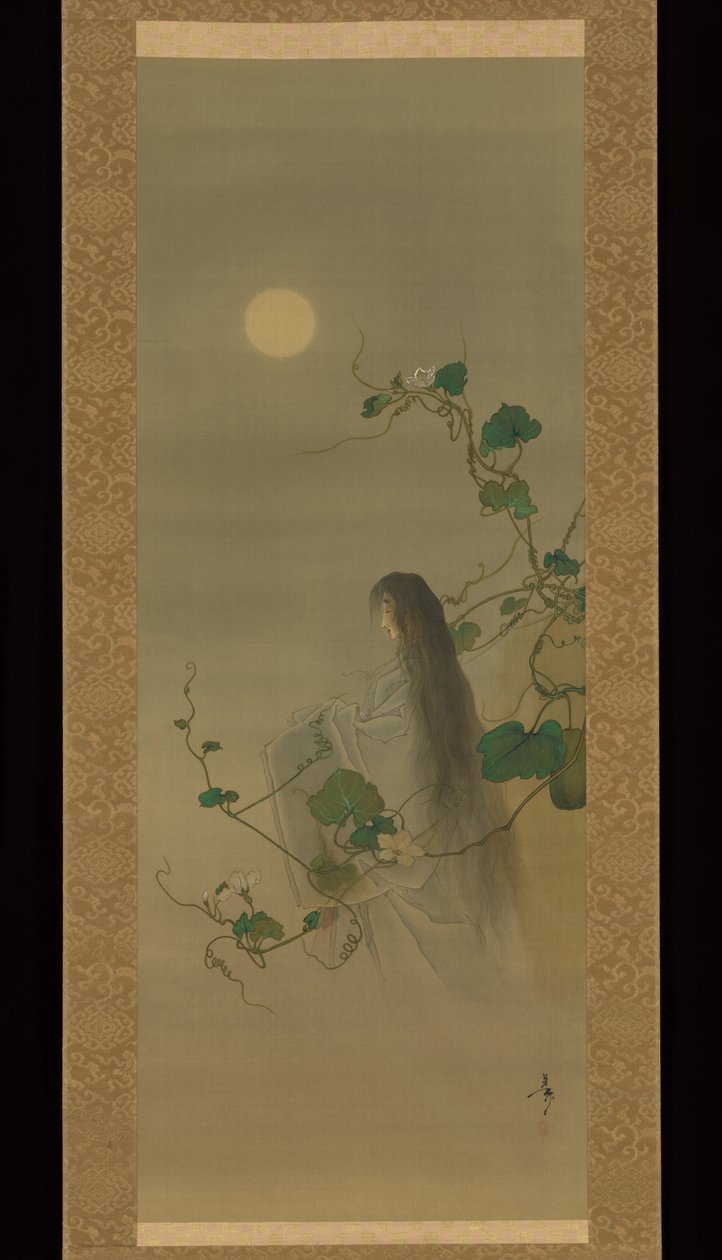 O espírito da falecida Yūgao entrelaçado em trepadeiras de flores-da-lua, baseado na gravura «A Dama dos Rostos da Noite», da série Cem Aspectos da Lua (Tsuki hyakushi: Genji Yūgao no maki) de Tsukioka Yoshitoshi