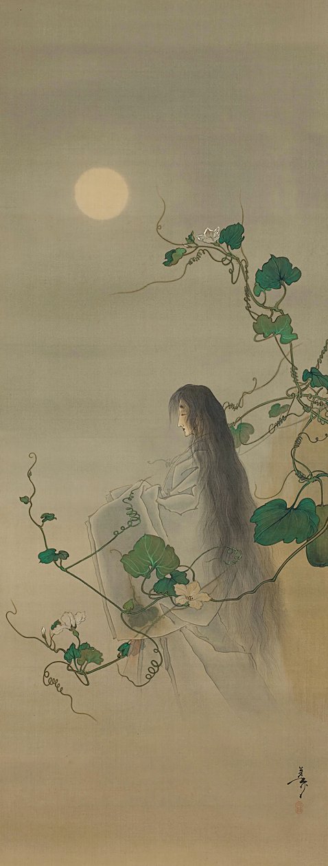 O espírito do falecido Yugao entrelaçado em vinhas da flor da lua..., ca. 1892. de Tsukioka Yoshitoshi