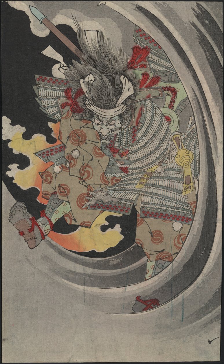 O fantasma do general Taira no Tomomori atravessando as ondas na Cachoeira Nunobiki, 1889. de Tsukioka Yoshitoshi