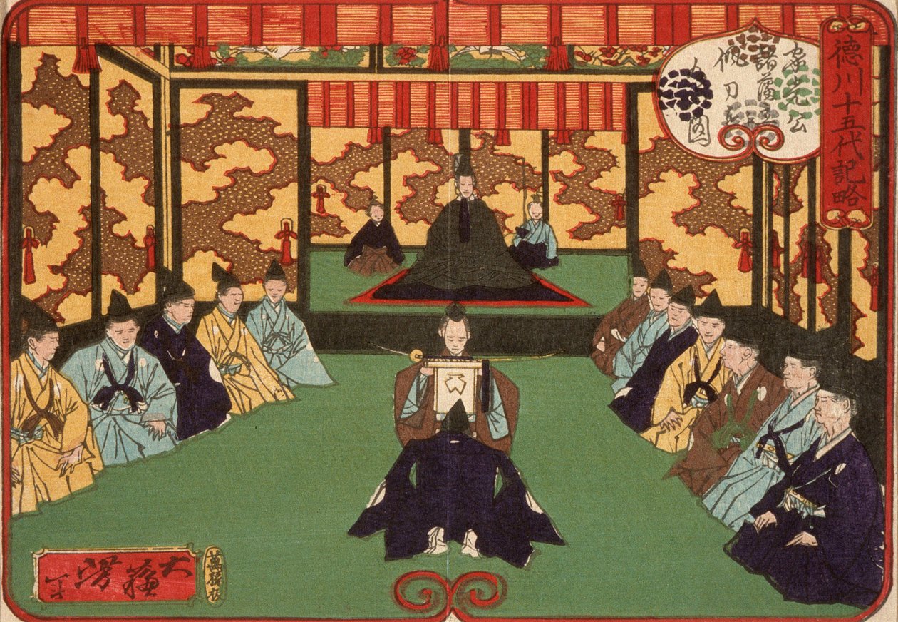 Tokugawa Iemitsu recebe senhores em audiência de Tsukioka Yoshitoshi