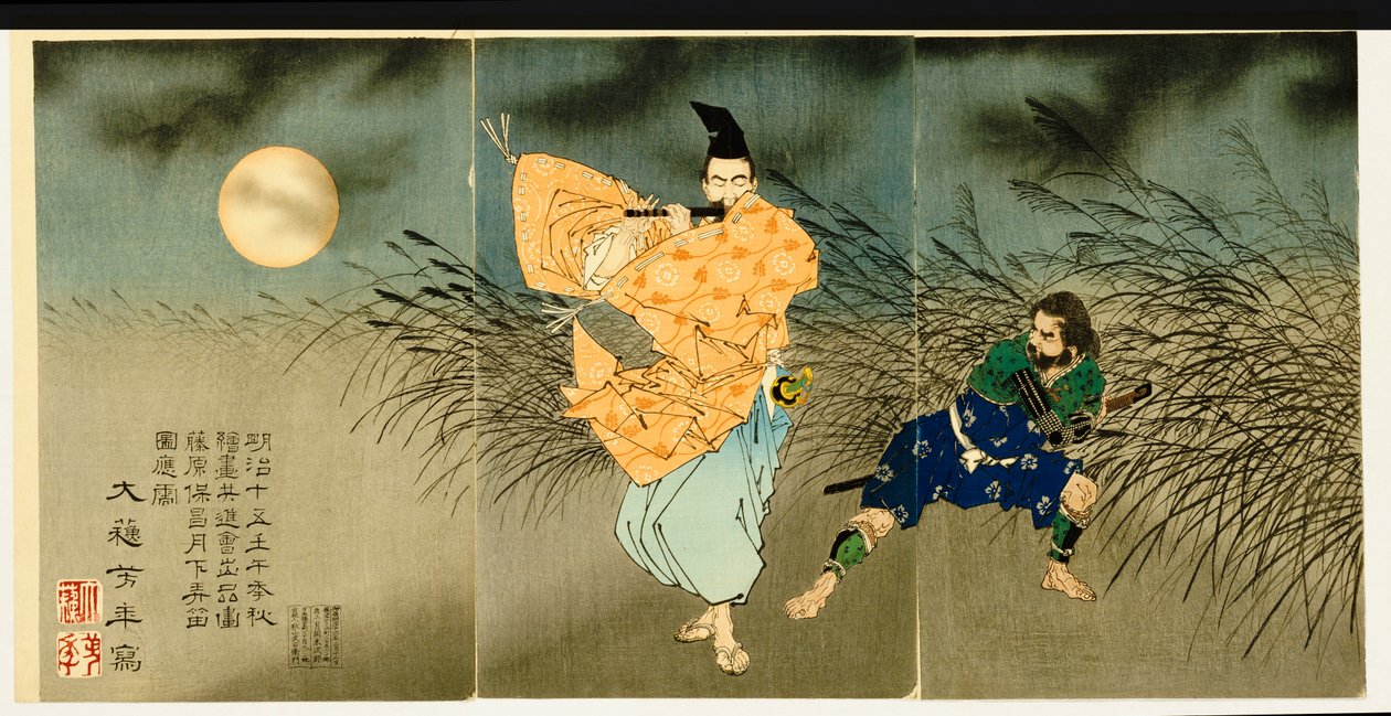 Tríptico de "Fujiwara no Yasumasa tocando flauta ao luar", 1883 de Tsukioka Yoshitoshi
