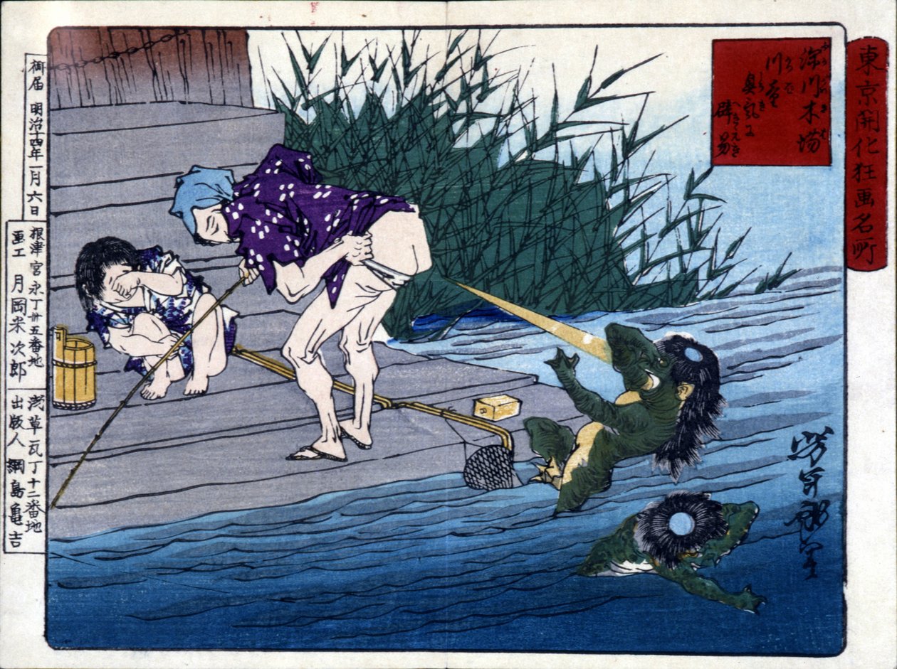Yodo Gawakré: o fantasma do rio adivinhando sobre as nádegas (Kappa) por Tsukioka Yonejiro de Tsukioka Yoshitoshi