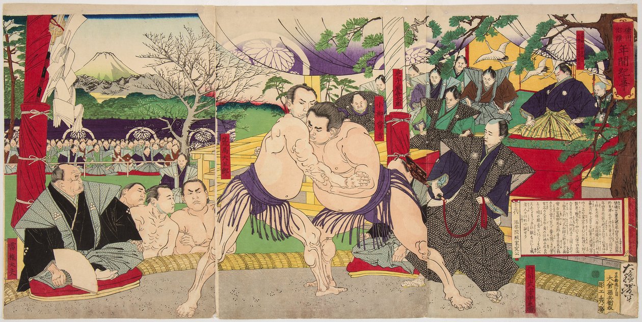 Lutadores de sumô Koyonagi Tsunekichi e Arauma Daigoro. Impresso por Tsukioka Yoshitoshi (1839-1892) de Tsukioka Yoshitoshi