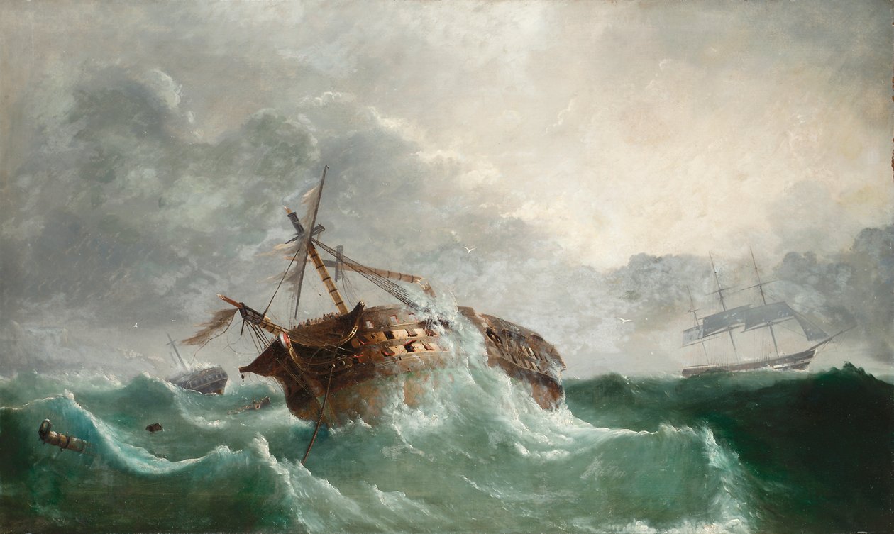 A perda dos franceses Droits de L "Homme, em 14.1.1798, fora de Ushant, após uma tentativa de desembarcar tropas em Bantry Bay, Irlanda, c.1850-60 de Tudgay Family