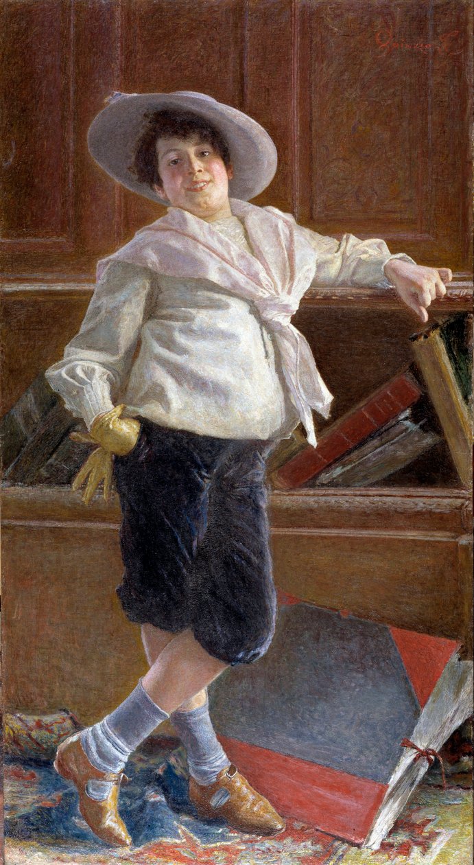 Retrato de um menino sorridente, vestindo uma bata de marinheiro Pintura de Tullio Salvatore Quinzio (1858-1918) Dim 80x100 cm Genes, Galleria d