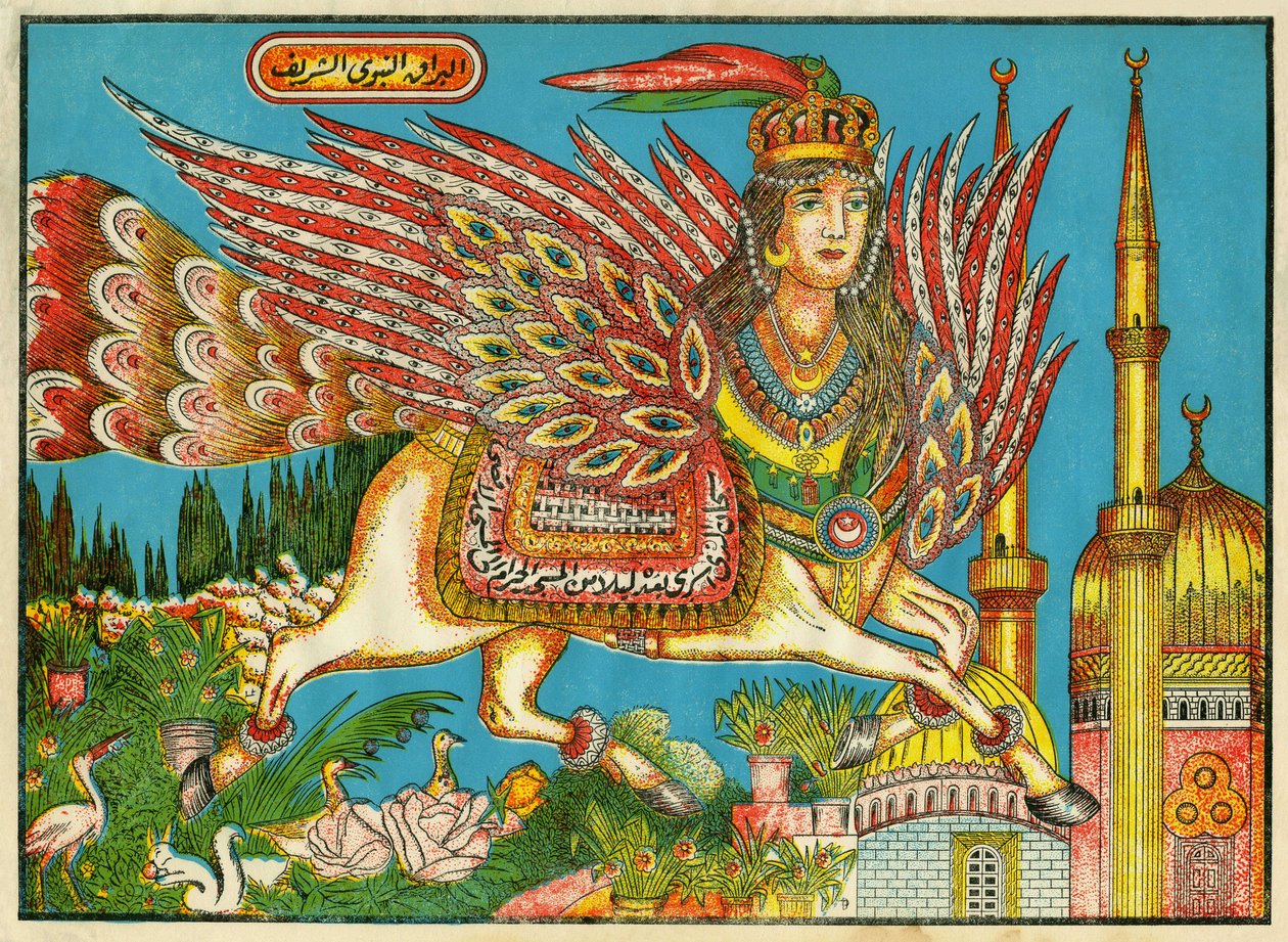 Al-Bourak (Al Bourak) (Buraq, Bouraq, Burak), asa de cavalo com cabeça de mulher e cauda de pavão, sobre a qual Muhammad, guiado pelo Arcanjo Gabriel, viajou à noite de Meca para Al-Aksa. Imagens populares, Tunísia de Tunisian School