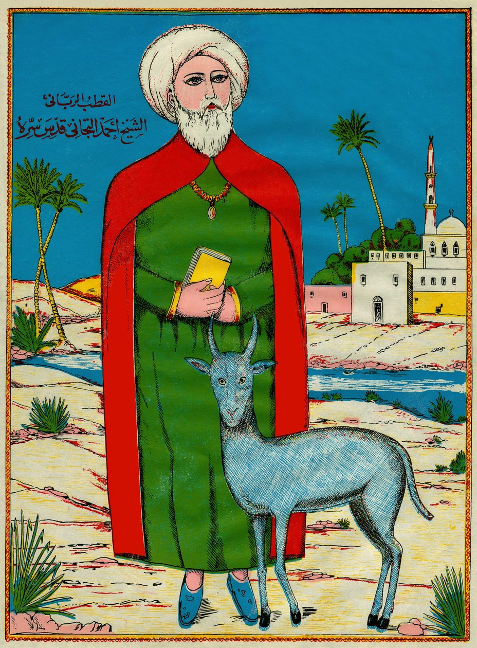 Sheikh Sidi Ahmed al-Tijani, fundador de uma fábrica de compota sunita Al-Tirania (Tijaniyya), no século XVIII. Imagens populares, Tunísia de Tunisian School