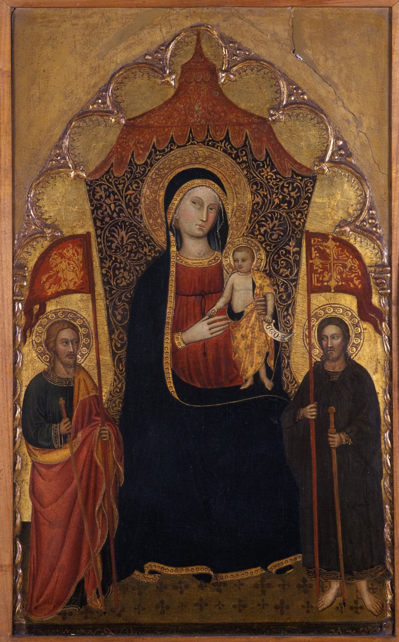 Madonna e filho entronados com o apóstolo Jacó o Velho e São Ranieri, c.1410-20 (têmpera sobre madeira de choupo) de Turino Vanni