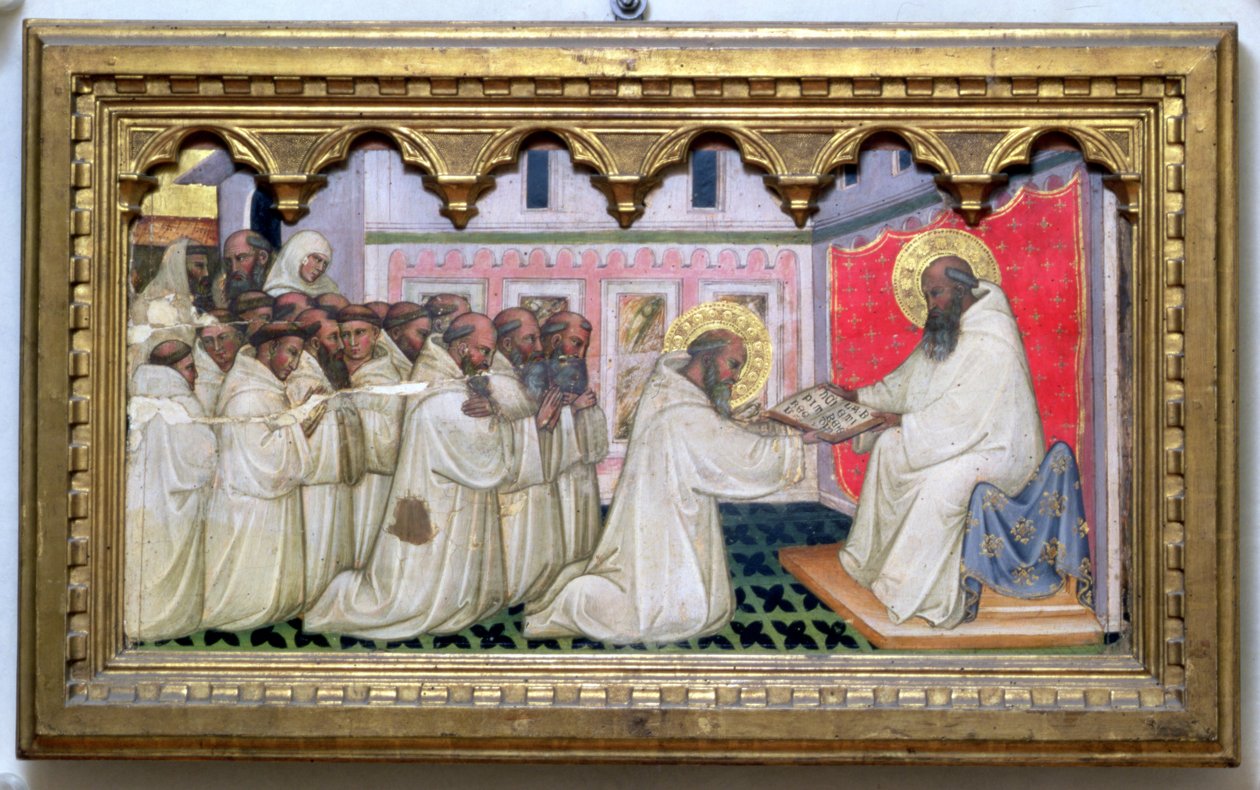 São Bento entrega a Regra da Nova Ordem aos Monges de Monte Cassino (têmpera no painel) de Turino Vanni