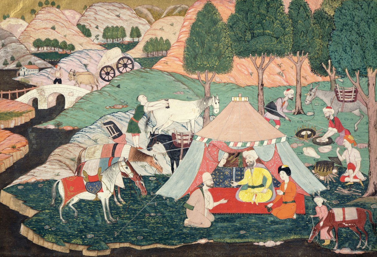 Acampamento de um príncipe (seda pintada) de Turkish School
